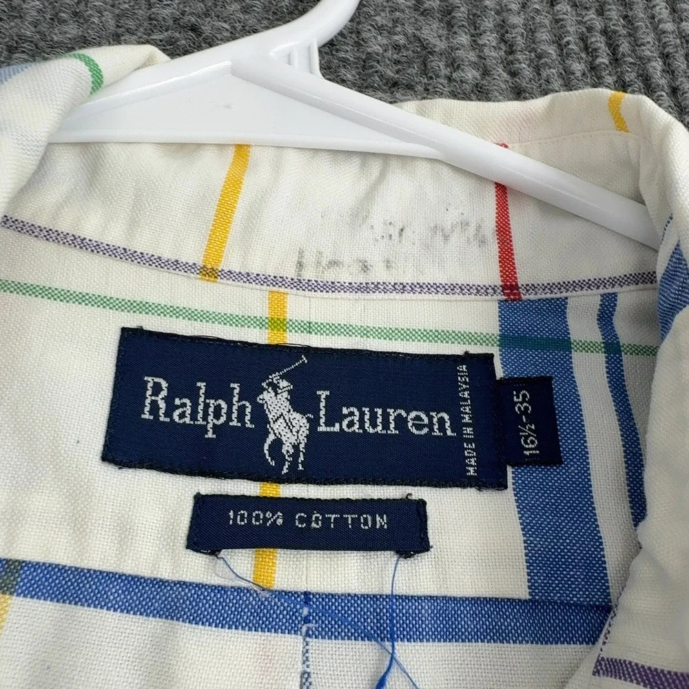 Ralph Lauren Button Down Shirt Mens 16.5‎ White Cotton Plaid Classic Preppy